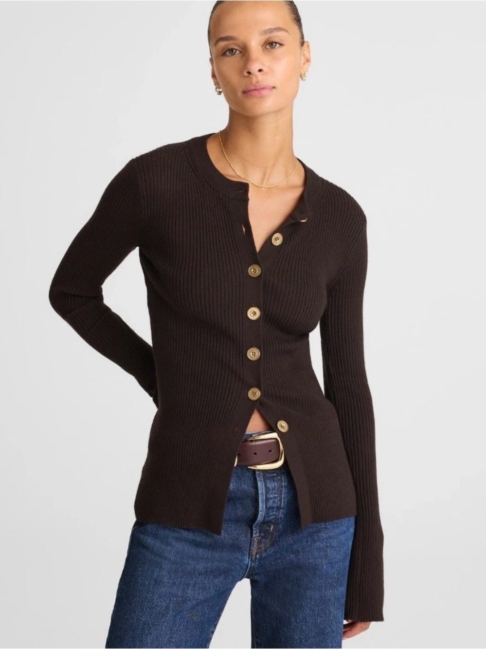 Madewell Ribbed Merino Wool Longline Cardigan Jacket - Molasses Brown, Size L